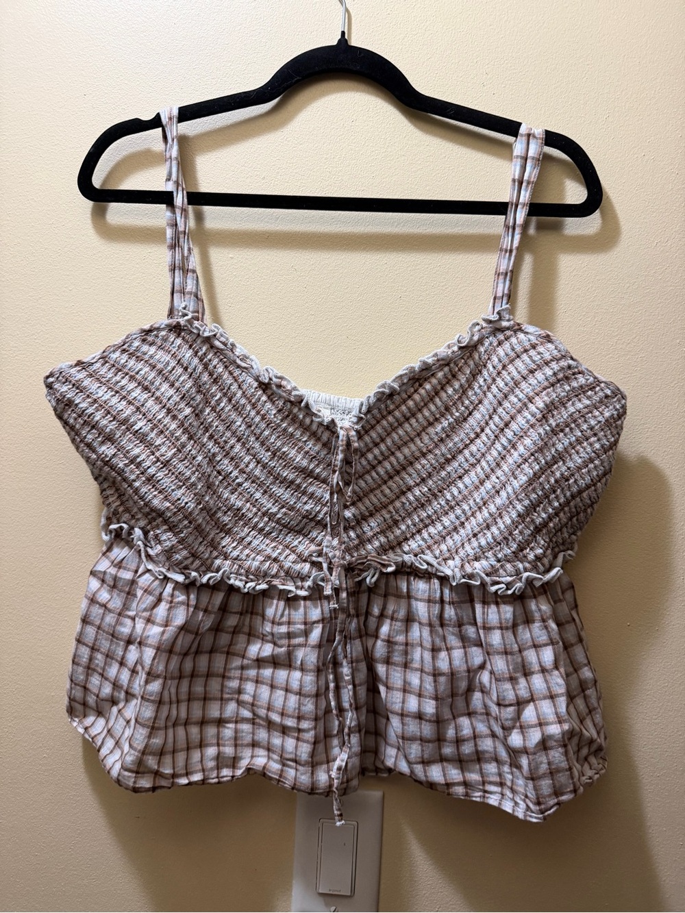 American Eagle Outfitters Beige and Brown Plaid Smocked Camisole